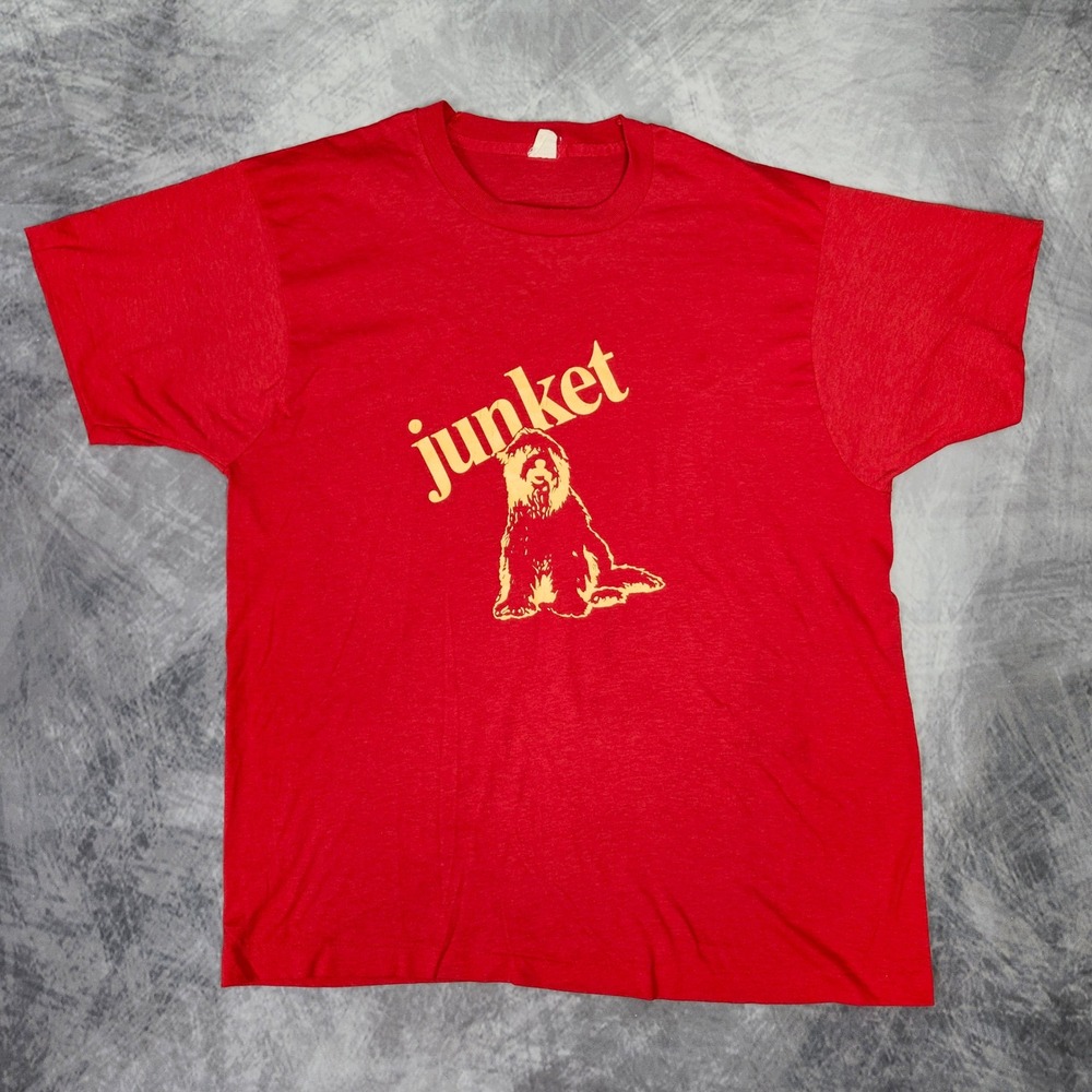 Vtg 70s 80s Junket Sheepdog T Shirt Medium Red Single Stitch Dog Retro Graphic